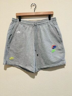 Nike Men's Grey Fleece Athletic Shorts with Multi-Logo Detail Large